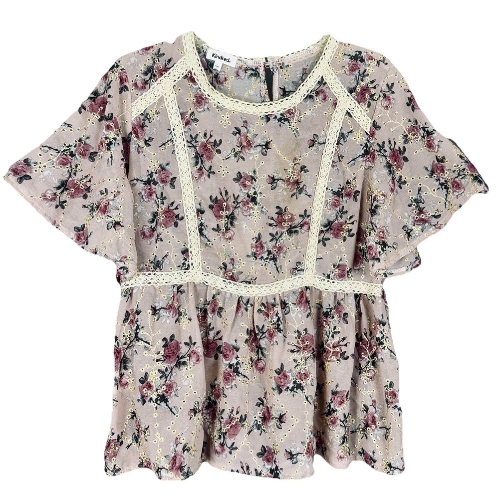 Kindred‎ Anthropologie Floral Lace Peplum Blouse LG Chiffon Baby Boho Ruffle Top